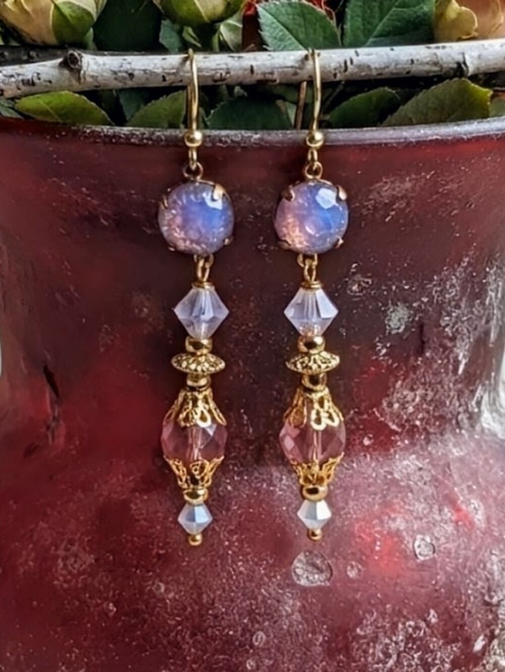 Victorian Delicate & Dainty Pink Opal Swarovski & Glass In Gold Plated Earrings